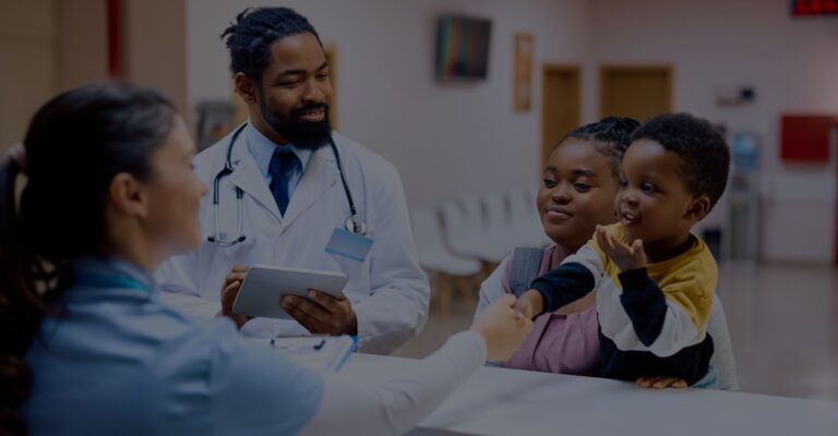 healthcare workers talking with a woman